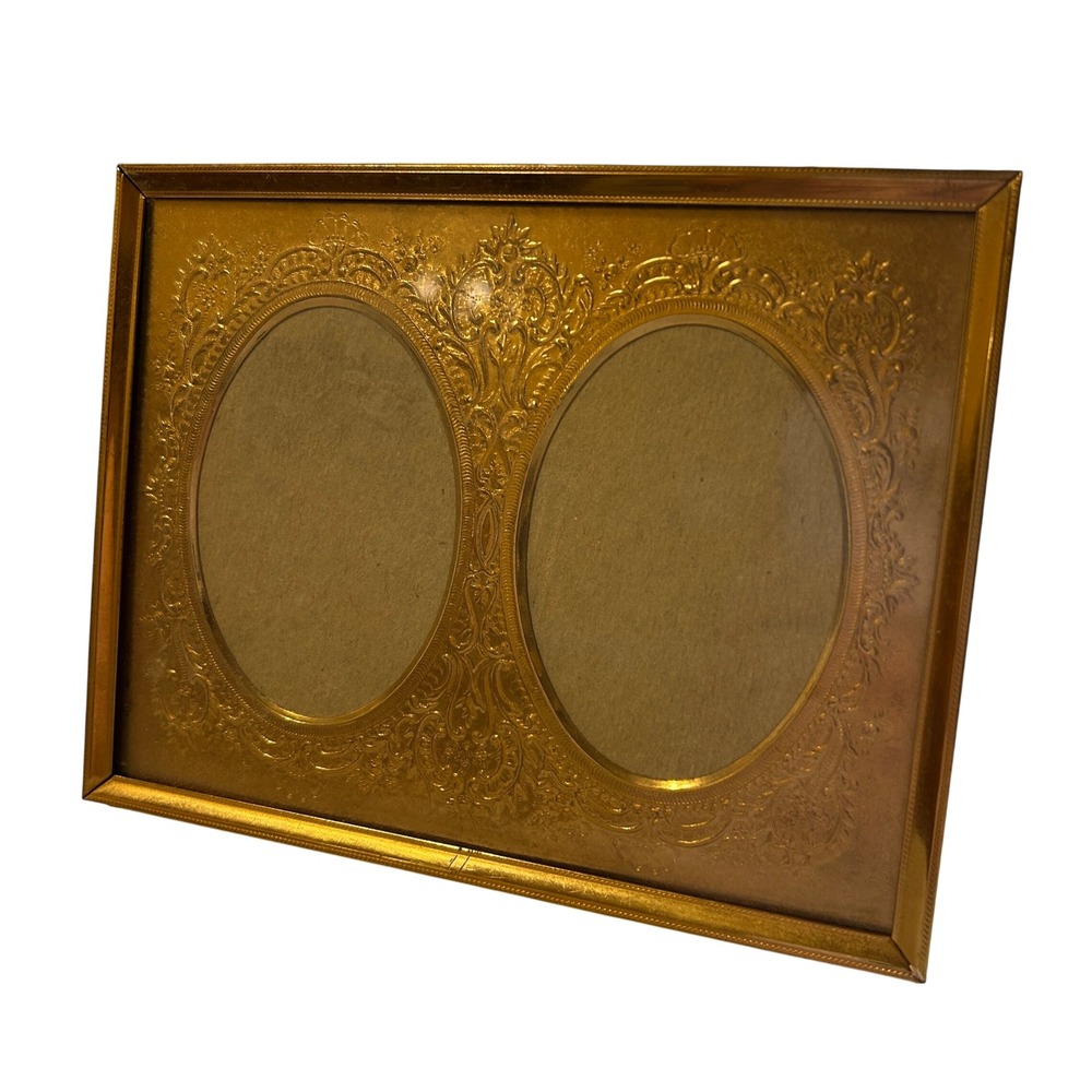Vintage Brass Double Oval Picture Frame 5x6 Gold Ornate Embossed Floral